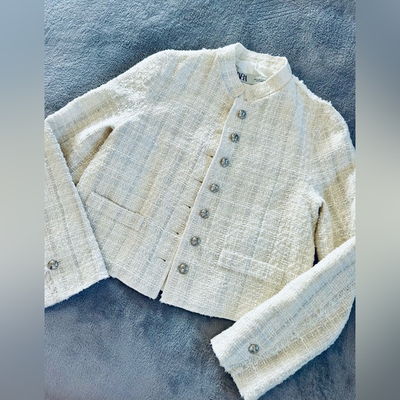Zara Womens White Metallic Tweed High Neck Button Up Blazer Jacket Size S - Picture 2 of 3